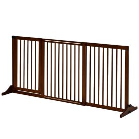 Freestanding Length Adjustable Wooden Pet Gate with Lockable Door 3 Panels (Color: Brown)