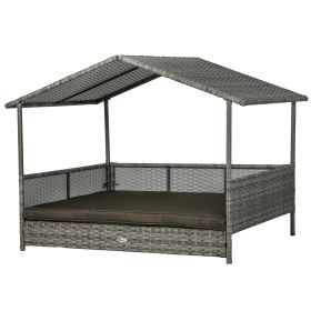 Outdoor Dog Bed with Canopy, Rattan Dog Bed with Soft Cushion Removable Cover for Medium and Large Dogs (Color: Charcoal Gray, size: Medium,Large)