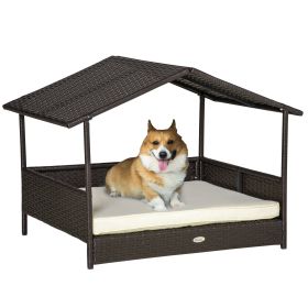 Wicker Dog Bed Outdoor Elevated With Rattan Canopy Cushioned PE Rattan Dog Cat House Sleeping Pad (Color: Cream)