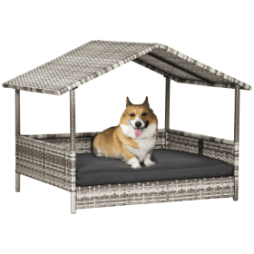 The Rattan Dog House Outdoor With Canopy Is Suitable (Color: gray, size: Small, Medium)